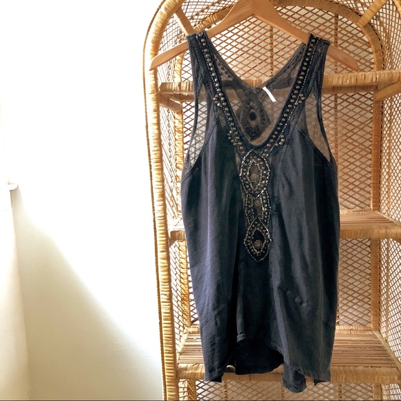 Free People Tops - ✨Free People Dark Grey Beaded Tank Top